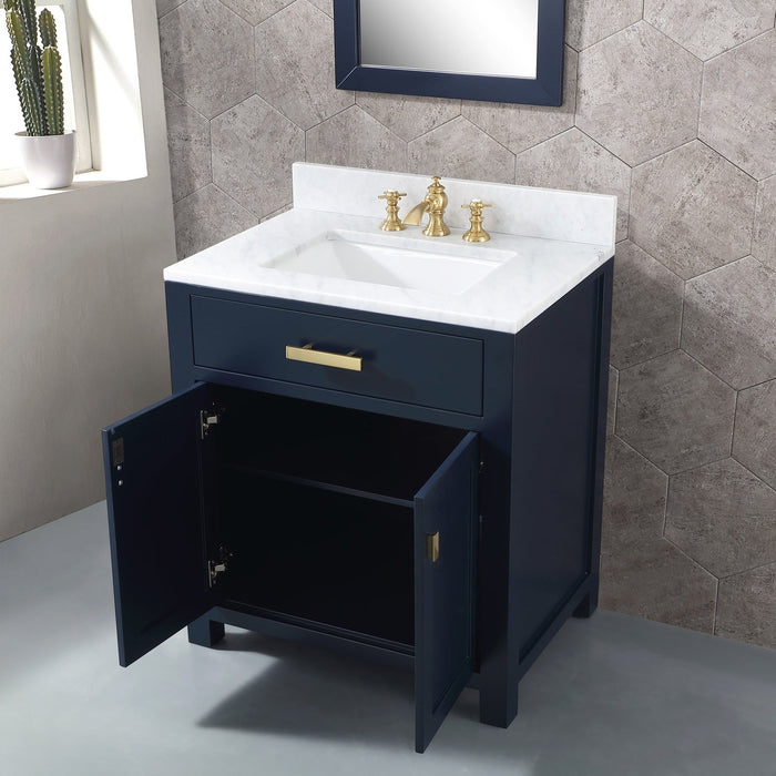 Water Creation Madison Madison 30-Inch Single Sink Carrara White Marble Vanity In Monarch Blue With F2-0013-06-FX Lavatory Faucet MS30CW06MB-000FX1306