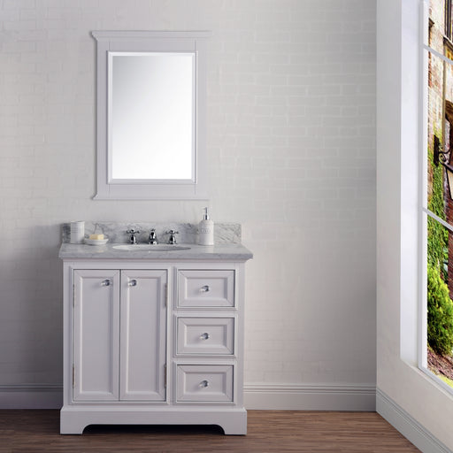 Water Creation Derby 36 Inch Wide Pure White Single Sink Carrara Marble Bathroom Vanity With Matching Mirror From The Derby Collection DE36CW01PW-B24000000