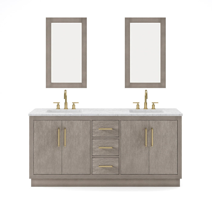 Water Creation Hugo 72" Double Sink Carrara White Marble Countertop Vanity in Grey Oak with Gooseneck Faucets and Mirrors