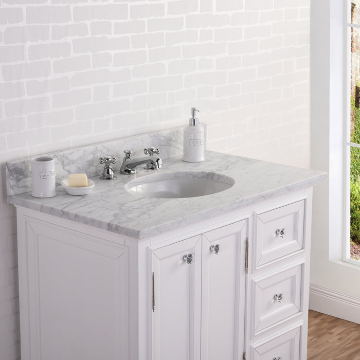 Water Creation Derby 36 Inch Wide Pure White Single Sink Carrara Marble Bathroom Vanity With Matching Mirror And Faucet s From The Derby Collection DE36CW01PW-B24BX0901