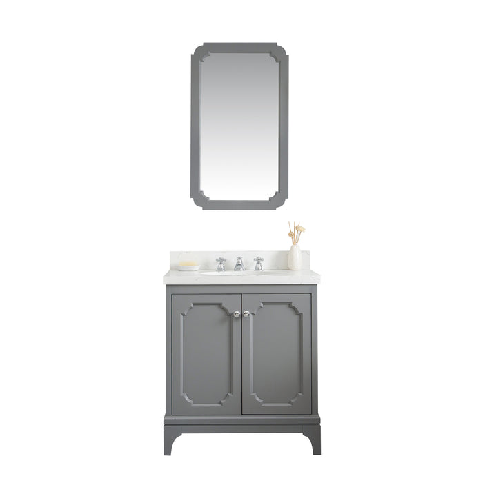 Water Creation Queen Queen 30-Inch Single Sink Quartz Carrara Vanity In Cashmere Grey With Matching Mirror s and F2-0009-01-BX Lavatory Faucet s QU30QZ01CG-Q21BX0901