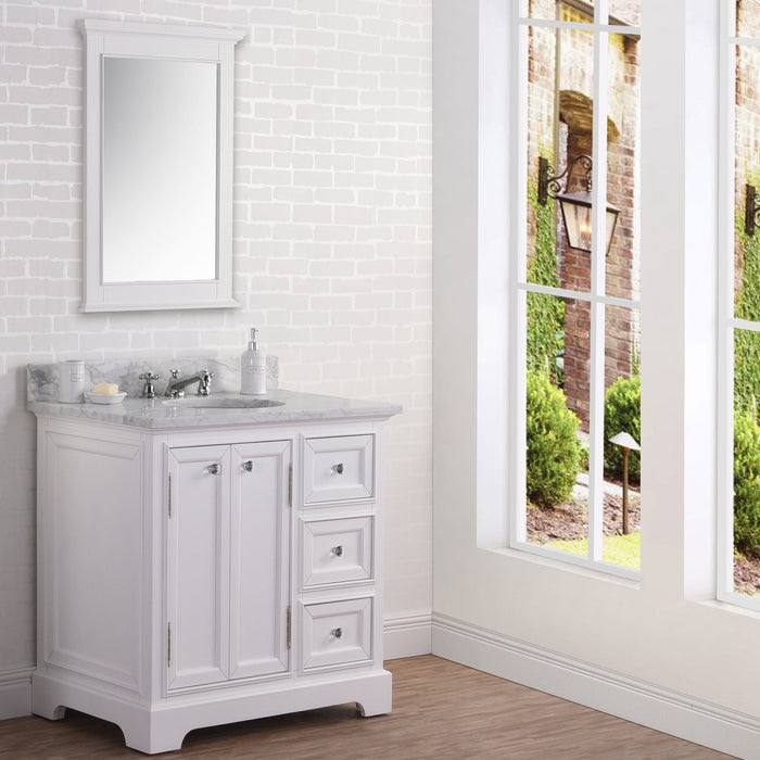 Water Creation Derby 36 Inch Wide Pure White Single Sink Carrara Marble Bathroom Vanity With Faucets From The Derby Collection DE36CW01PW-000BX0901