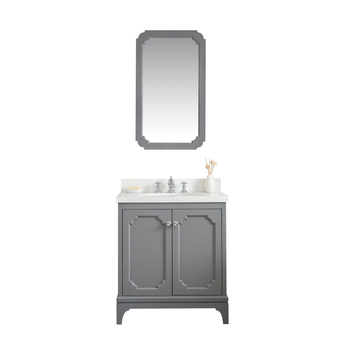 Water Creation Queen Queen 30-Inch Single Sink Quartz Carrara Vanity In Cashmere Grey With Matching Mirror s and F2-0013-01-FX Lavatory Faucet s QU30QZ01CG-Q21FX1301
