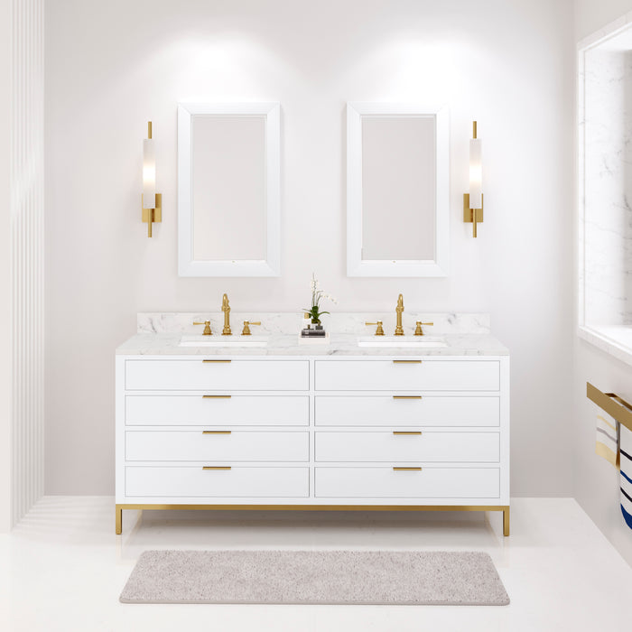 Water Creation Bristol Bristol 72 In. Double Sink Carrara White Marble Countertop Bath Vanity in Pure White with Satin Gold Hook Faucets and Rectangular Mirrors S