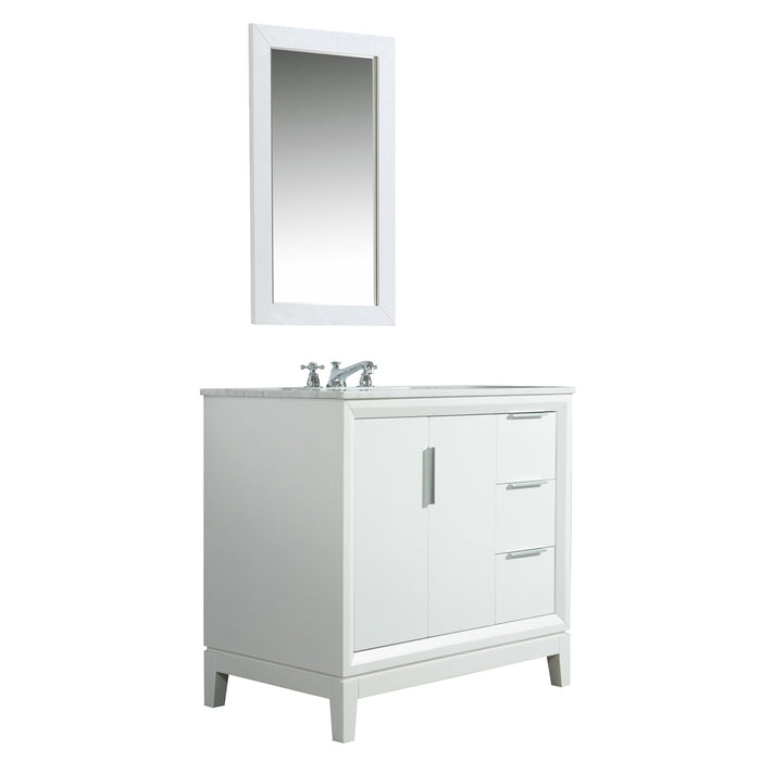 Water Creation Elizabeth Elizabeth 36-Inch Single Sink Carrara White Marble Vanity In Pure White With Matching Mirror s and F2-0009-01-BX Lavatory Faucet s EL36CW01PW-R21BX0901