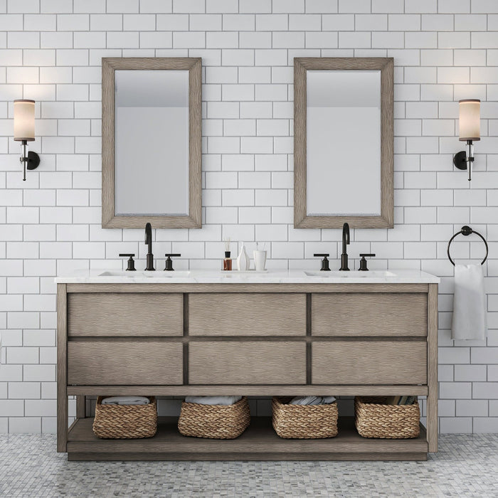 Water Creation Oakman 72" Double Sink Carrara White Marble Countertop Bath Vanity in Grey Oak with ORB Faucets