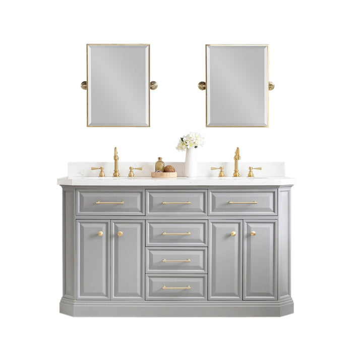 Water Creation Palace 60"" Palace Collection Quartz Carrara Cashmere Grey Bathroom Vanity Set With Hardware in Satin Gold Finish And Only Mirrors in Chrome Finish PA60QZ06CG-E18000000