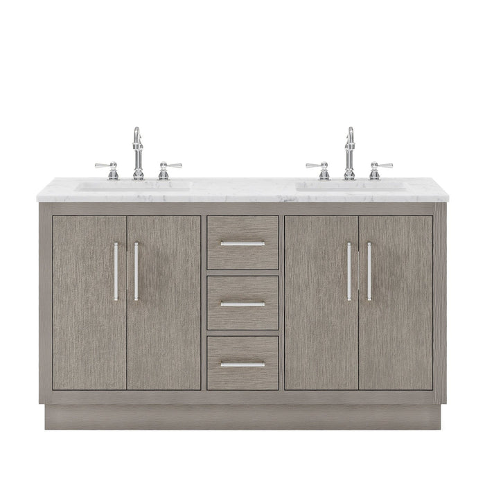 Water Creation Hugo 60" Double Sink Carrara White Marble Countertop Vanity in Grey Oak with Hook Faucets