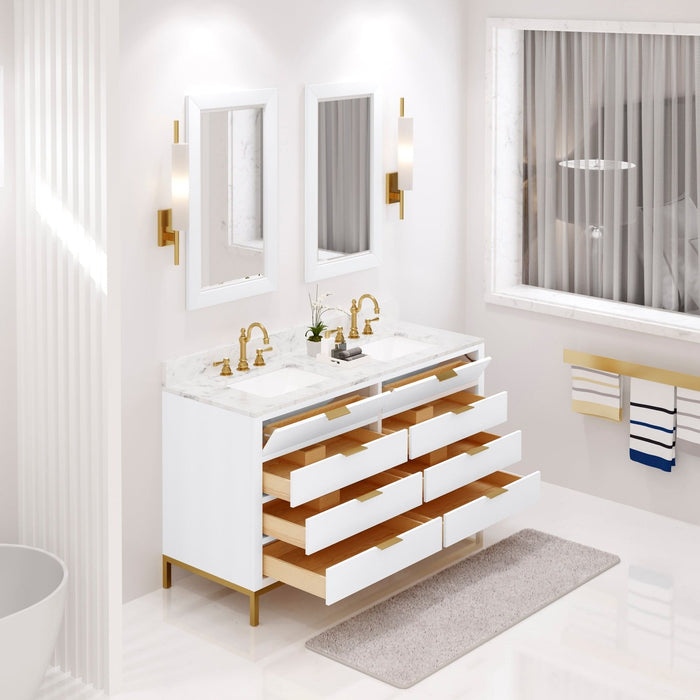 Water Creation Bristol Bristol 60 In. Double Sink Carrara White Marble Countertop Bath Vanity in Pure White with Satin Gold Hook Faucets and Rectangular Mirrors S