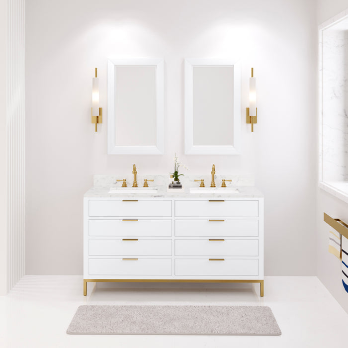 Water Creation Bristol Bristol 60 In. Double Sink Carrara White Marble Countertop Bath Vanity in Pure White with Satin Gold Hook Faucets and Rectangular Mirrors S