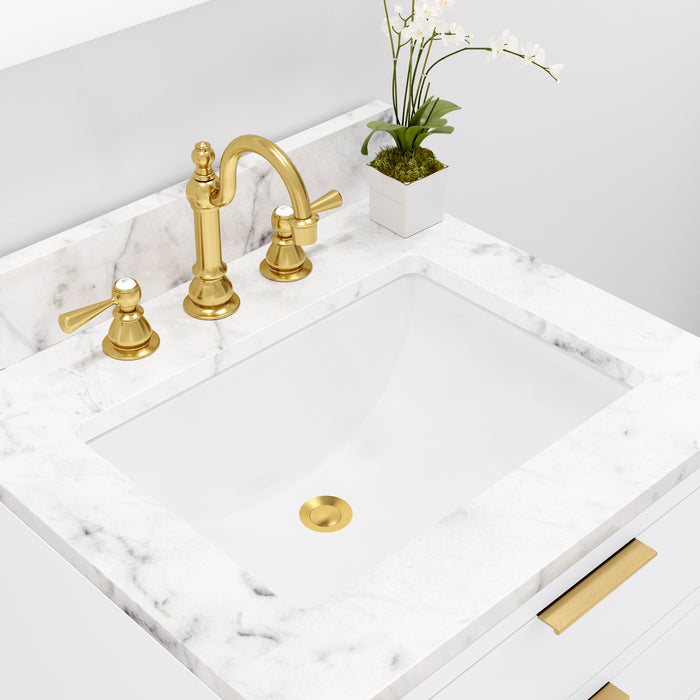 Water Creation Bristol Bristol 24 In. Single Sink Carrara White Marble Countertop Bath Vanity in Pure White with Satin Gold Hook Faucet and Rectangular Mirror S