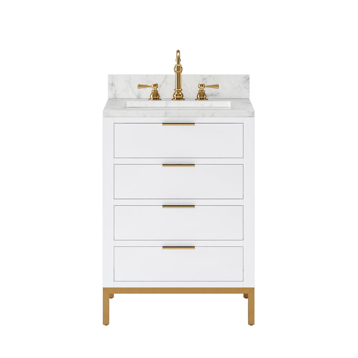 Water Creation Bristol Bristol 24 In. Single Sink Carrara White Marble Countertop Bath Vanity in Pure White with Satin Gold Hook Faucet