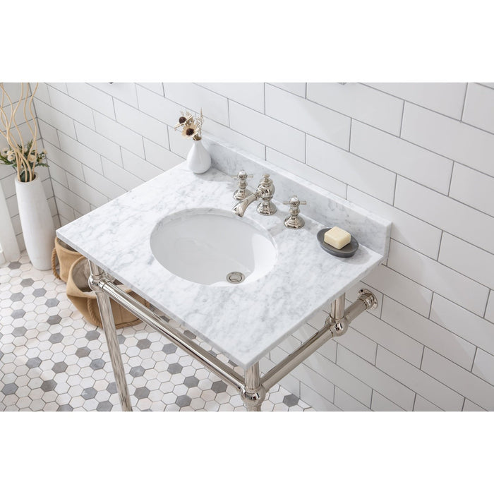 Water Creation Embassy Embassy 30 Inch Wide Single Wash Stand, P-Trap, Counter Top with Basin, and F2-0013 Faucet included in Polished Nickel PVD Finish EB30D-0513