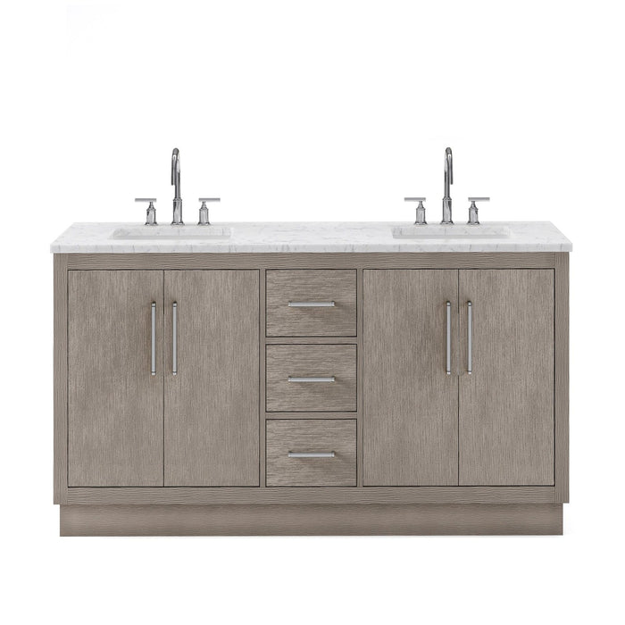 Water Creation Hugo 60" Double Sink Carrara White Marble Countertop Vanity in Grey Oak with Gooseneck Faucets