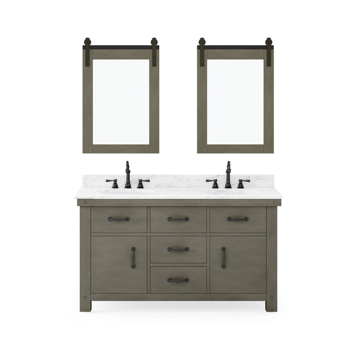 Water Creation Aberdeen Aberdeen 60 In. Double Sink Carrara White Marble Countertop Vanity in Grizzle Gray with Mirrors