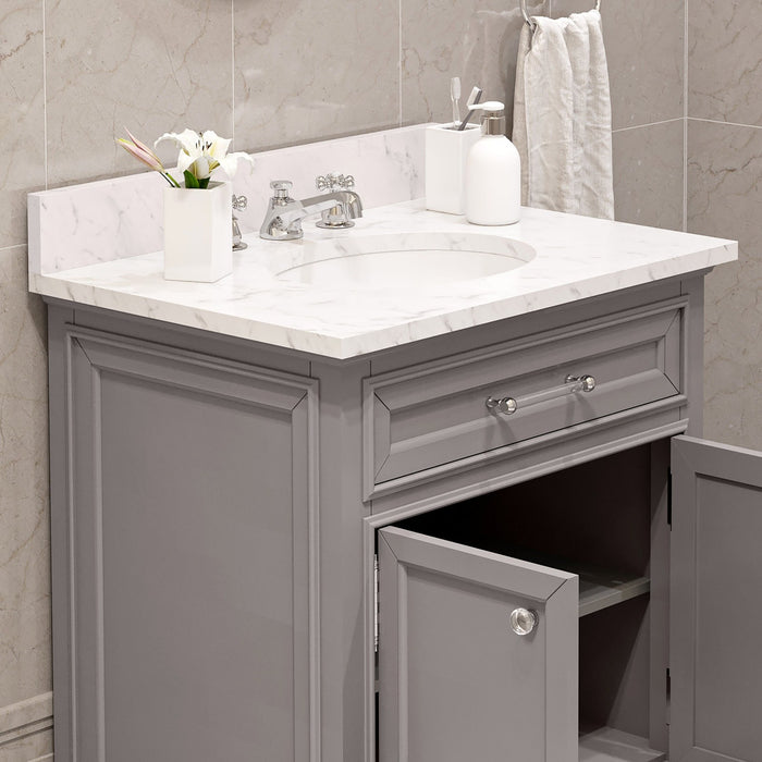 Water Creation Derby 30 Inch Cashmere Grey Single Sink Bathroom Vanity With Matching Framed Mirror And Faucet From The Derby Collection DE30CW01CG-O24BX0901