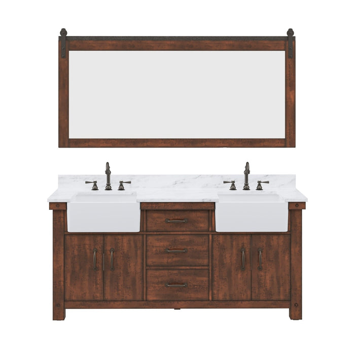 Water Creation Paisley Paisley 72 In. Double Sink Carrara White Marble Countertop Vanity in Rustic Sienna with Mirror