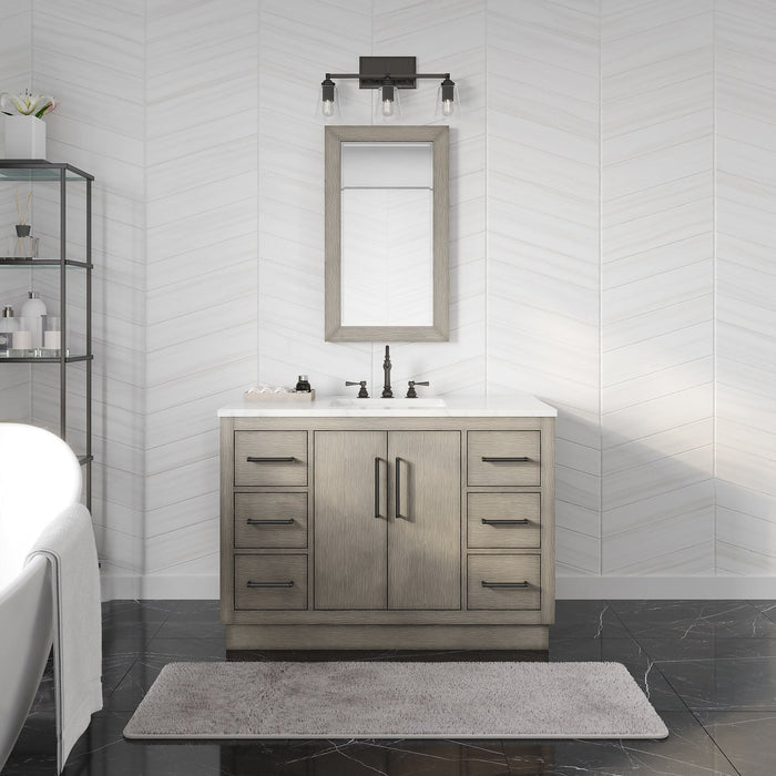 Water Creation Hugo 48" Single Sink Carrara White Marble Countertop Vanity in Grey Oak with Hook Faucet and Mirror