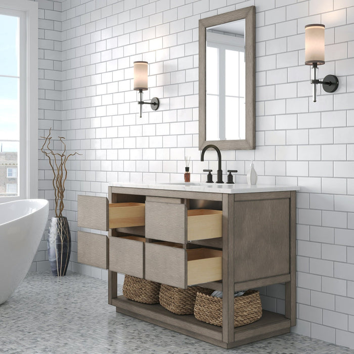 Water Creation Oakman 48" Single Sink Carrara White Marble Countertop Bath Vanity in Grey Oak with ORB Faucet