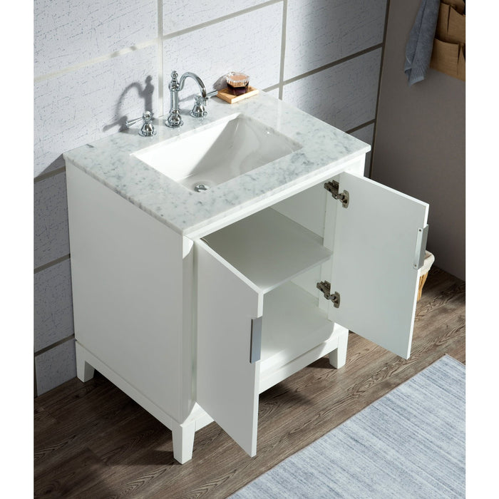 Water Creation Elizabeth Elizabeth 30-Inch Single Sink Carrara White Marble Vanity In Pure White With Matching Mirror s and F2-0012-01-TL Lavatory Faucet s EL30CW01PW-R21TL1201