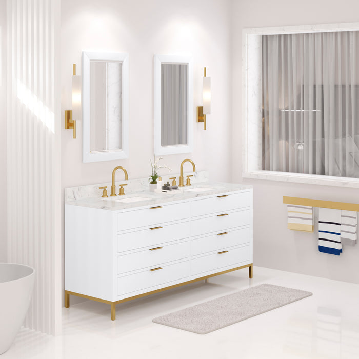 Water Creation Bristol Bristol 72 In. Double Sink Carrara White Marble Countertop Bath Vanity in Pure White with Satin Gold Gooseneck Faucets and Rectangular Mirrors S
