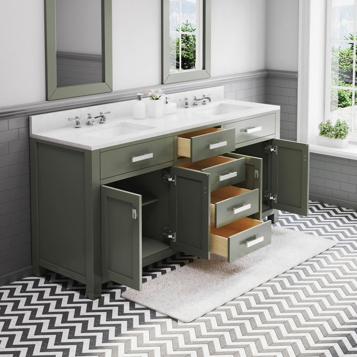 Water Creation Madison 72" Double Sink Carrara White Marble Countertop Vanity in Glacial Green with Classic Faucet