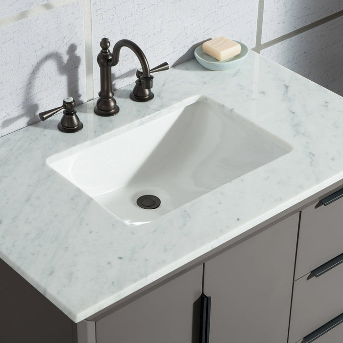 Water Creation Elizabeth Elizabeth 36-Inch Single Sink Carrara White Marble Vanity In Cashmere Grey With F2-0012-03-TL Lavatory Faucet s EL36CW03CG-000TL1203