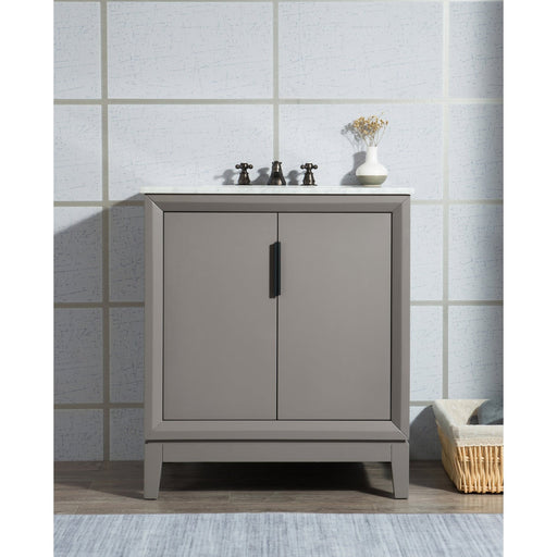 Water Creation Elizabeth Elizabeth 30-Inch Single Sink Carrara White Marble Vanity In Cashmere Grey With Matching Mirror s and F2-0009-03-BX Lavatory Faucet s EL30CW03CG-R21BX0903