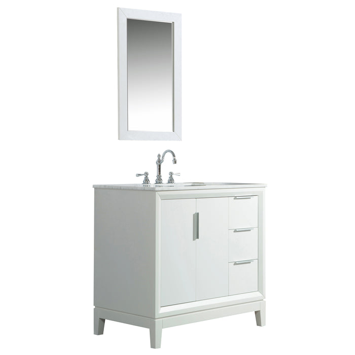 Water Creation Elizabeth Elizabeth 36-Inch Single Sink Carrara White Marble Vanity In Pure White With Matching Mirror s and F2-0012-01-TL Lavatory Faucet s EL36CW01PW-R21TL1201