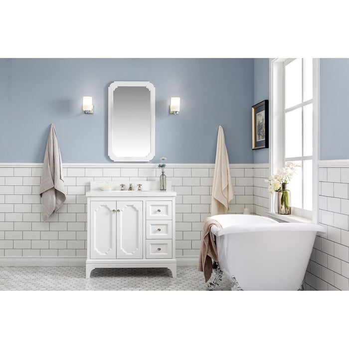 Water Creation Queen Queen 36-Inch Single Sink Quartz Carrara Vanity In Pure White With Matching Mirror s QU36QZ05PW-Q21000000