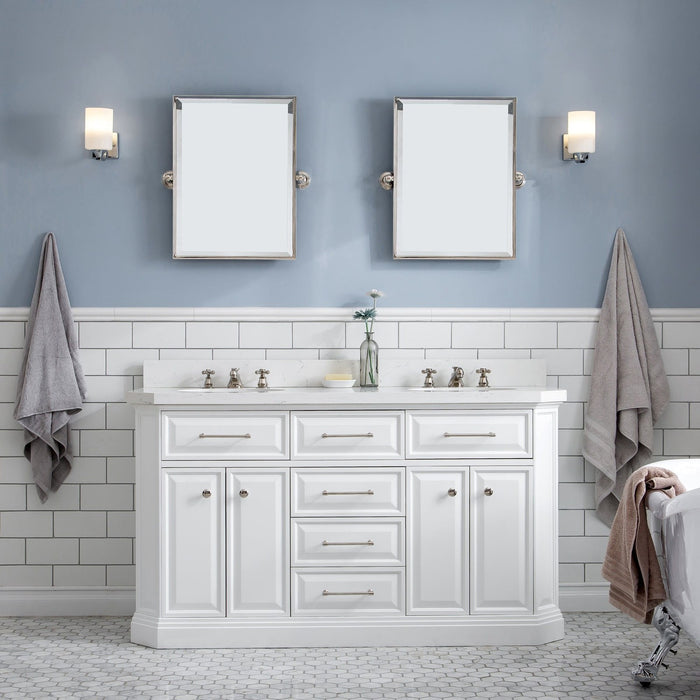 Water Creation Palace 60"" Palace Collection Quartz Carrara Pure White Bathroom Vanity Set With Hardware, Mirror in Polished Nickel PVD Finish PA60QZ05PW-E18000000