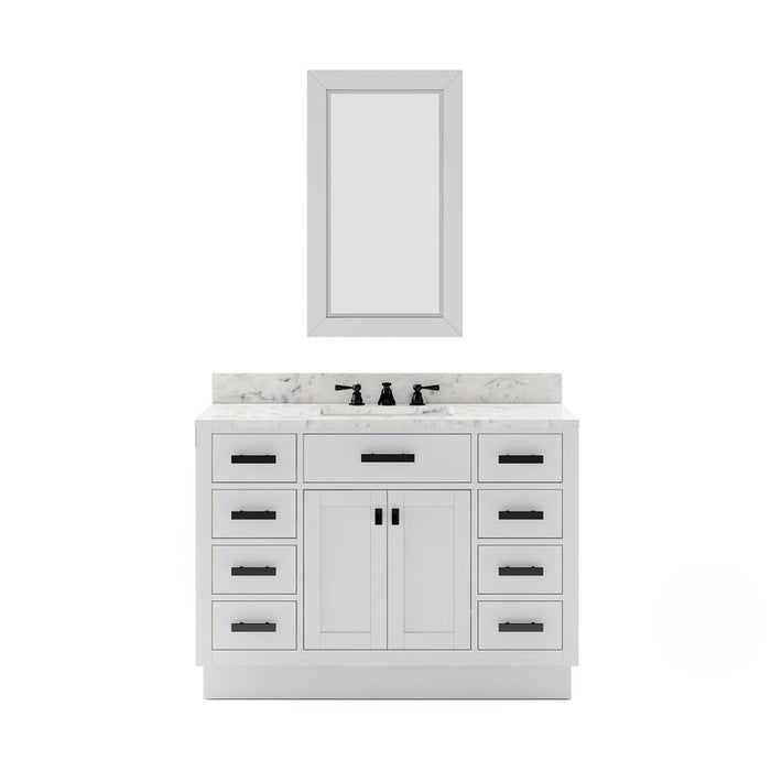 Water Creation Hartford 48" Single Sink Carrara White Marble Countertop Bath Vanity in Pure White with Gooseneck Faucet and Mirror S