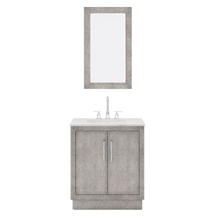 Water Creation Hugo 30" Single Sink Carrara White Marble Countertop Vanity in Grey Oak with Gooseneck Faucet and Mirror