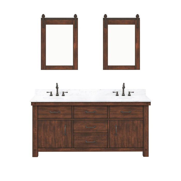Water Creation Aberdeen Aberdeen 72 In. Double Sink Carrara White Marble Countertop Vanity in Rustic Sierra with Hook Faucets and Mirrors