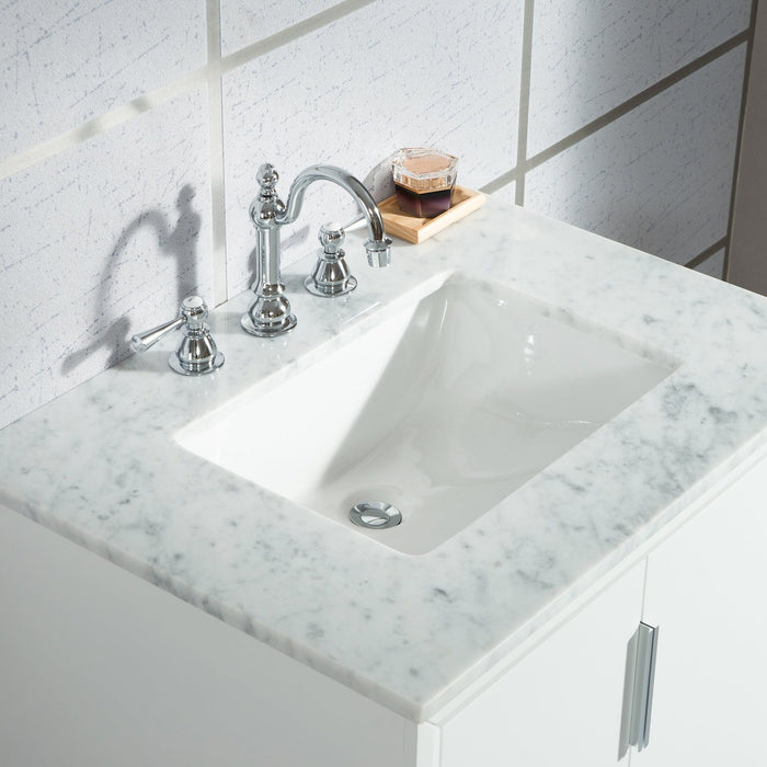 Water Creation Elizabeth Elizabeth 30-Inch Single Sink Carrara White Marble Vanity In Pure White With F2-0012-01-TL Lavatory Faucet s EL30CW01PW-000TL1201