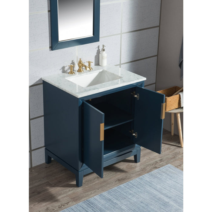 Water Creation Elizabeth Elizabeth 30-Inch Single Sink Carrara White Marble Vanity In Monarch Blue With F2-0013-06-FX Lavatory Faucet s EL30CW06MB-000FX1306