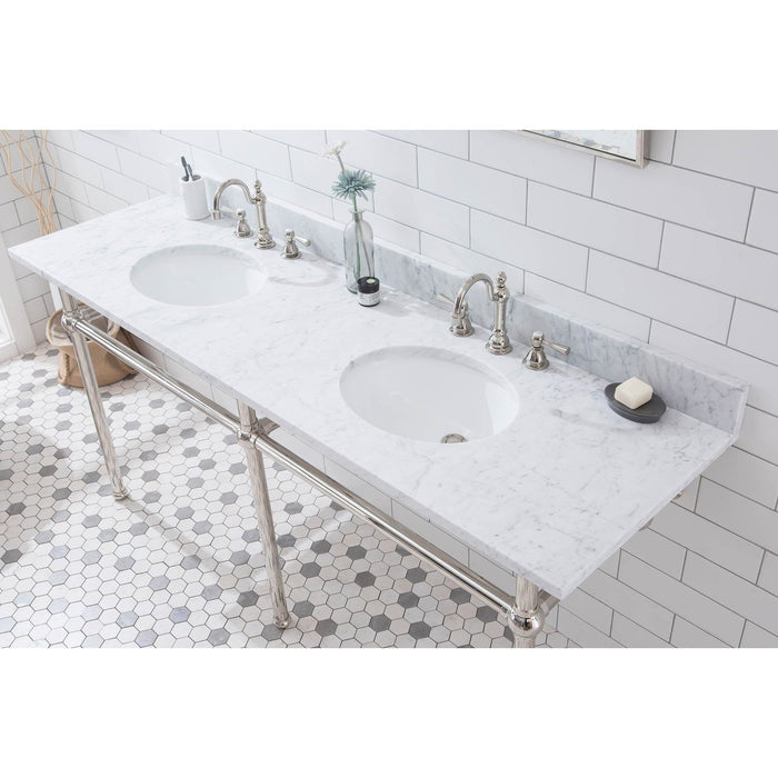 Water Creation Embassy Embassy 72 Inch Wide Double Wash Stand, P-Trap, Counter Top with Basin, F2-0012 Faucet and Mirror included in Polished Nickel PVD Finish EB72E-0512