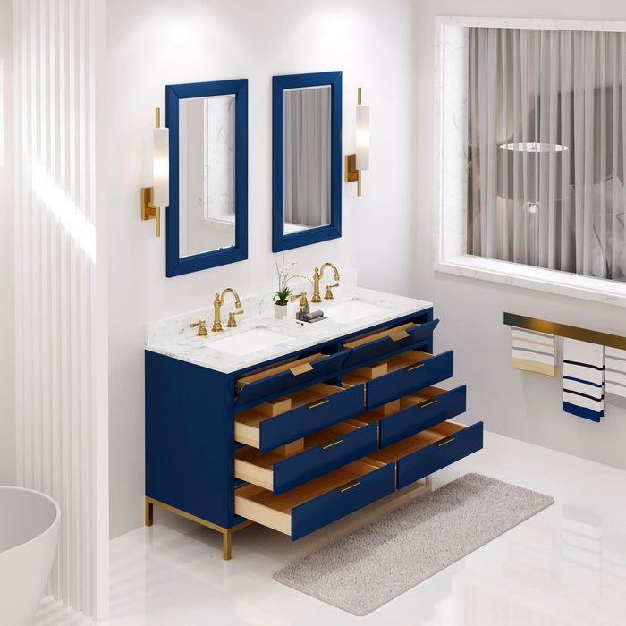 Water Creation Bristol Bristol 60 In. Double Sink Carrara White Marble Countertop Bath Vanity in Monarch Blue with Satin Gold Hook Faucets and Rectangular Mirrors S