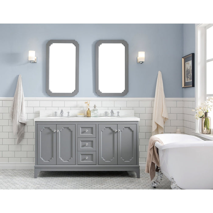 Water Creation Queen Queen 60-Inch Double Sink Quartz Carrara Vanity In Cashmere Grey With Matching Mirror s and F2-0013-01-FX Lavatory Faucet s QU60QZ01CG-Q21FX1301