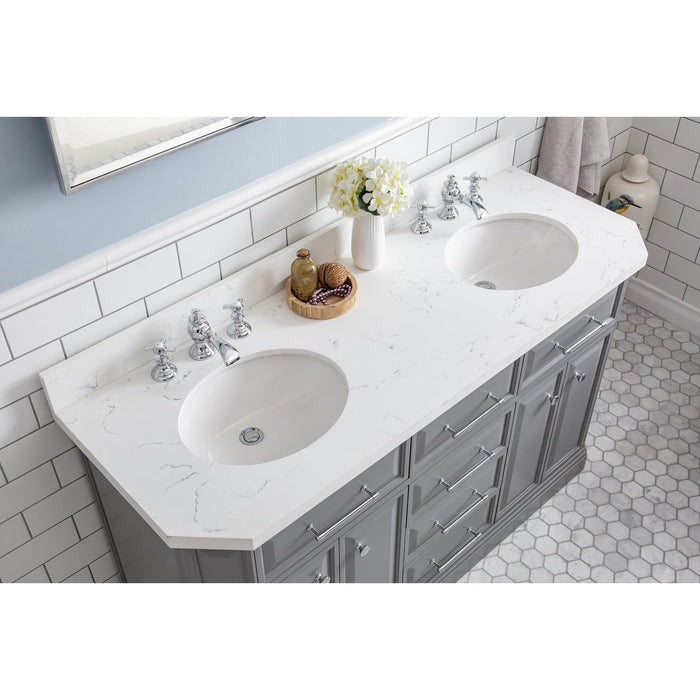 Water Creation Palace 60"" Palace Collection Quartz Carrara Cashmere Grey Bathroom Vanity Set With Hardware And F2-0013 Faucets, Mirror in Chrome Finish PA60QZ01CG-E18FX1301