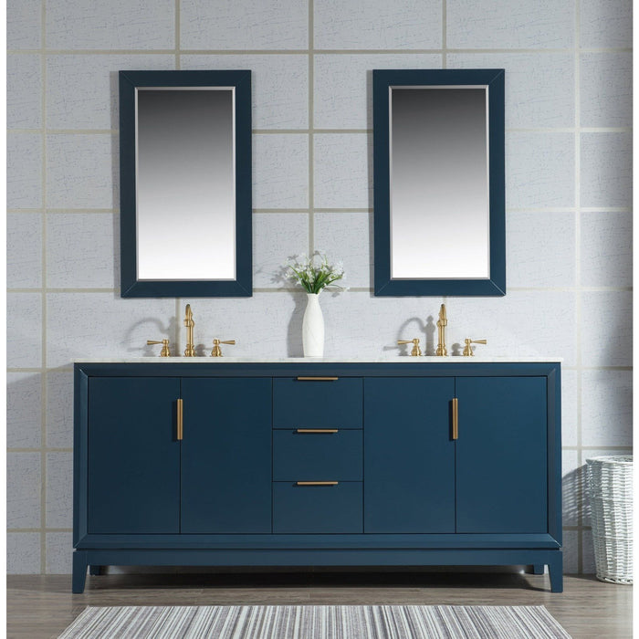 Water Creation Elizabeth Elizabeth 72-Inch Double Sink Carrara White Marble Vanity In Monarch Blue With Matching Mirror s and F2-0012-06-TL Lavatory Faucet s EL72CW06MB-R21TL1206