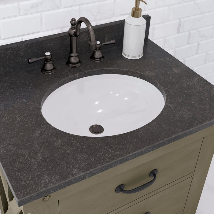 Water Creation Aberdeen 30" Single Sink Blue Limestone Countertop Vanity in Grizzle Gray with Hook Faucet and Mirror