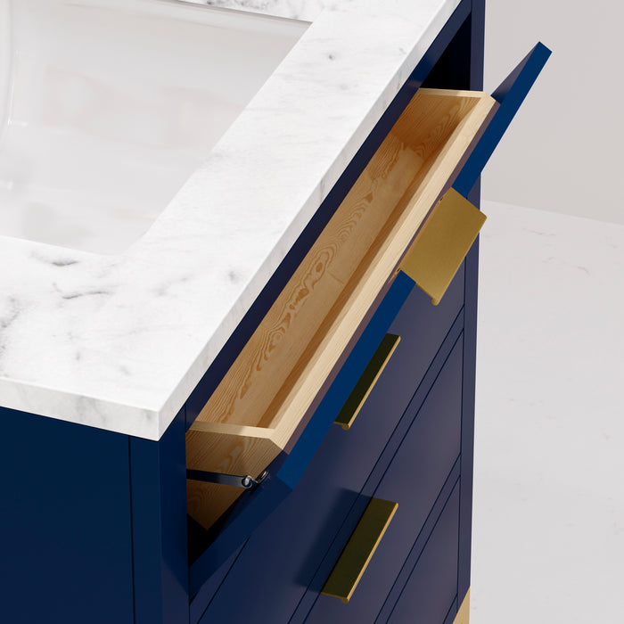 Water Creation Bristol Bristol 30 In. Single Sink Carrara White Marble Countertop Bath Vanity in Monarch Blue with Satin Gold Hook Faucet