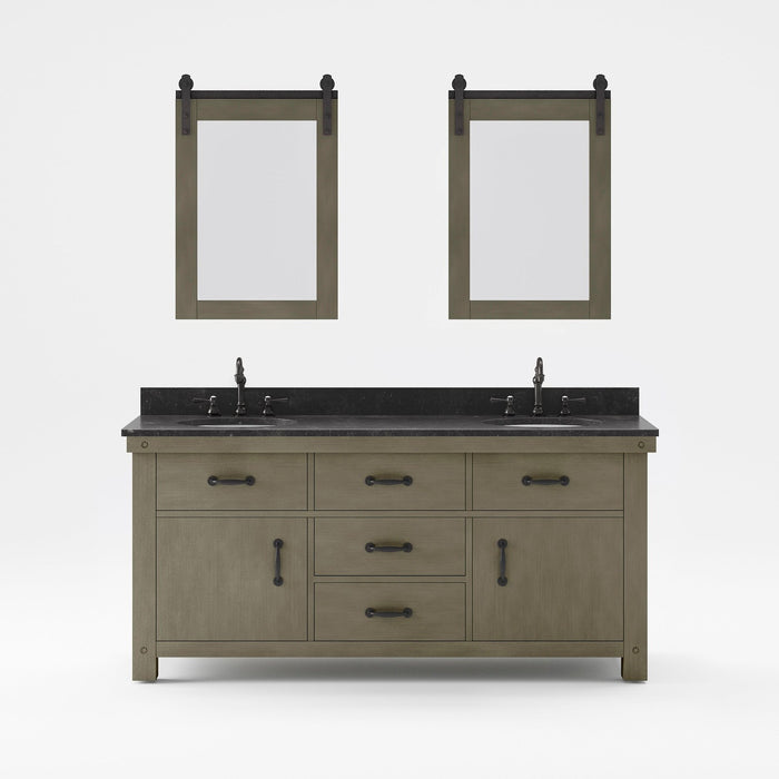 Water Creation Aberdeen Aberdeen 72 In. Double Sink Blue Limestone Countertop Vanity in Grizzle Gray with Hook Faucet and Mirror