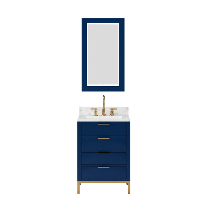 Water Creation Bristol Bristol 24 In. Single Sink Carrara White Marble Countertop Bath Vanity in Monarch Blue with Satin Gold Gooseneck Faucet and Rectangular Mirror