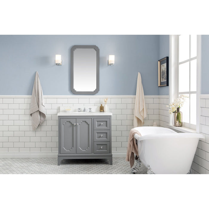 Water Creation Queen Queen 36-Inch Single Sink Quartz Carrara Vanity In Cashmere Grey With F2-0009-01-BX Lavatory Faucet s QU36QZ01CG-000BX0901