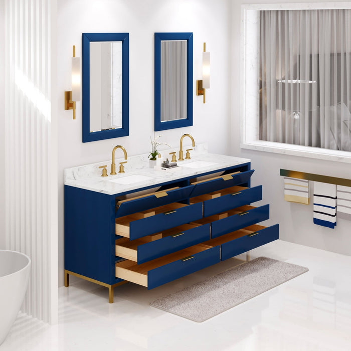 Water Creation Bristol Bristol 72 In. Double Sink Carrara White Marble Countertop Bath Vanity in Monarch Blue with Satin Gold Gooseneck Faucets and Rectangular Mirrors S