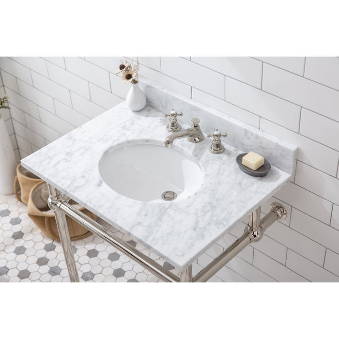 Water Creation Embassy Embassy 30 Inch Wide Single Wash Stand, P-Trap, Counter Top with Basin, F2-0009 Faucet and Mirror included in Polished Nickel PVD Finish EB30E-0509
