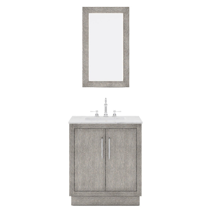 Water Creation Hugo 30" Single Sink Carrara White Marble Countertop Vanity in Grey Oak with Hook Faucet and Mirror