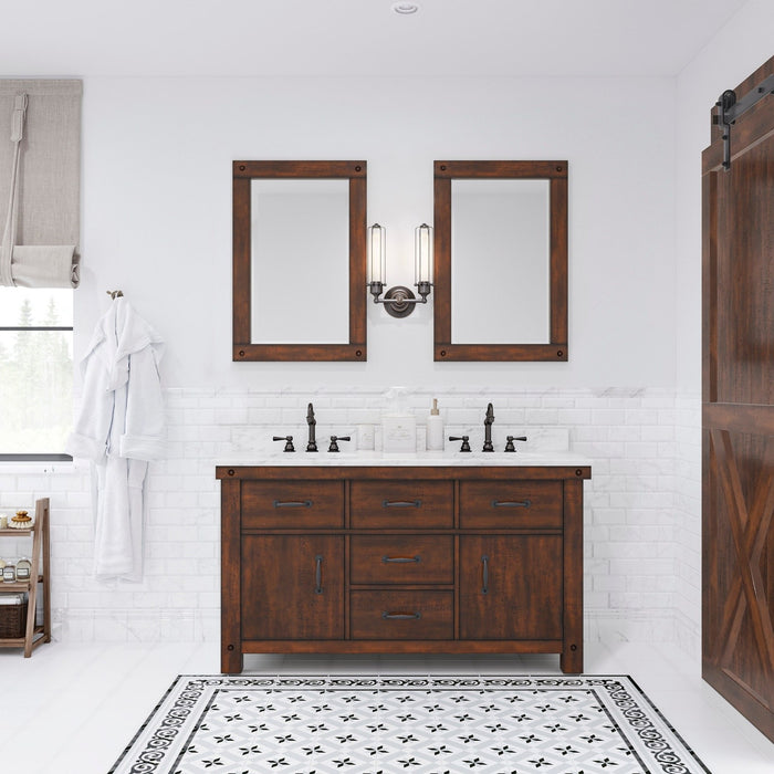 Water Creation Aberdeen Aberdeen 60 In. Double Sink Carrara White Marble Countertop Vanity in Rustic Sierra with Hook Faucets and Mirrors